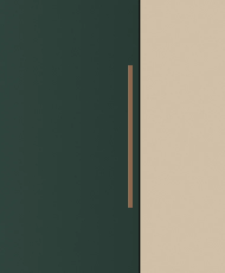 Deep eucalyptus matte joinery with a slender bronze pull