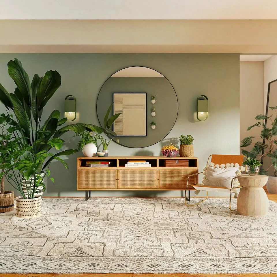 Layered lounge corner with curved mirror and soft green accents