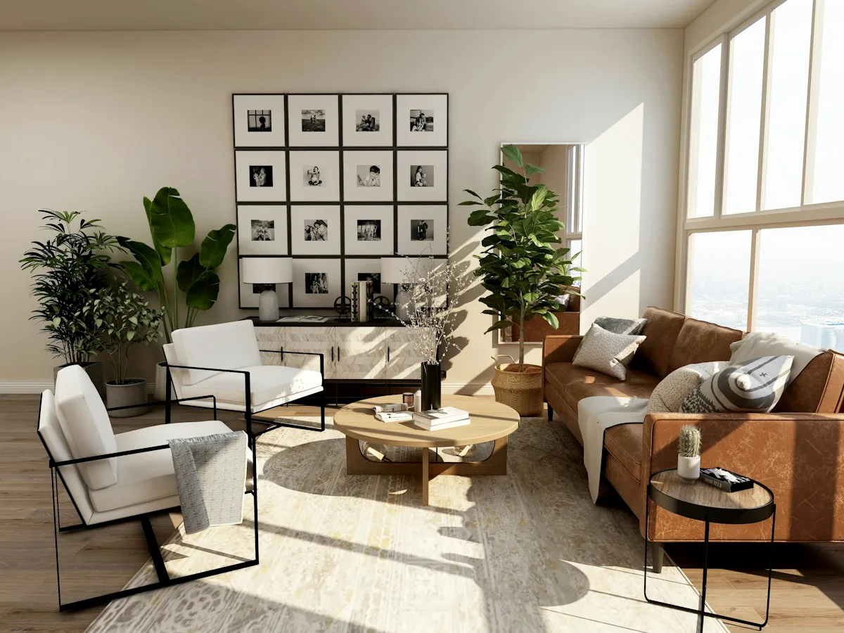 Reimagined living room with tan leather seating and tall windows