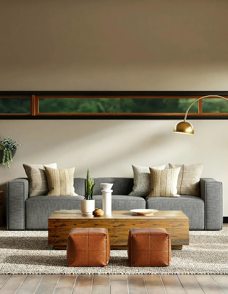 Warm minimalist living space with olive seating and curated ceramics
