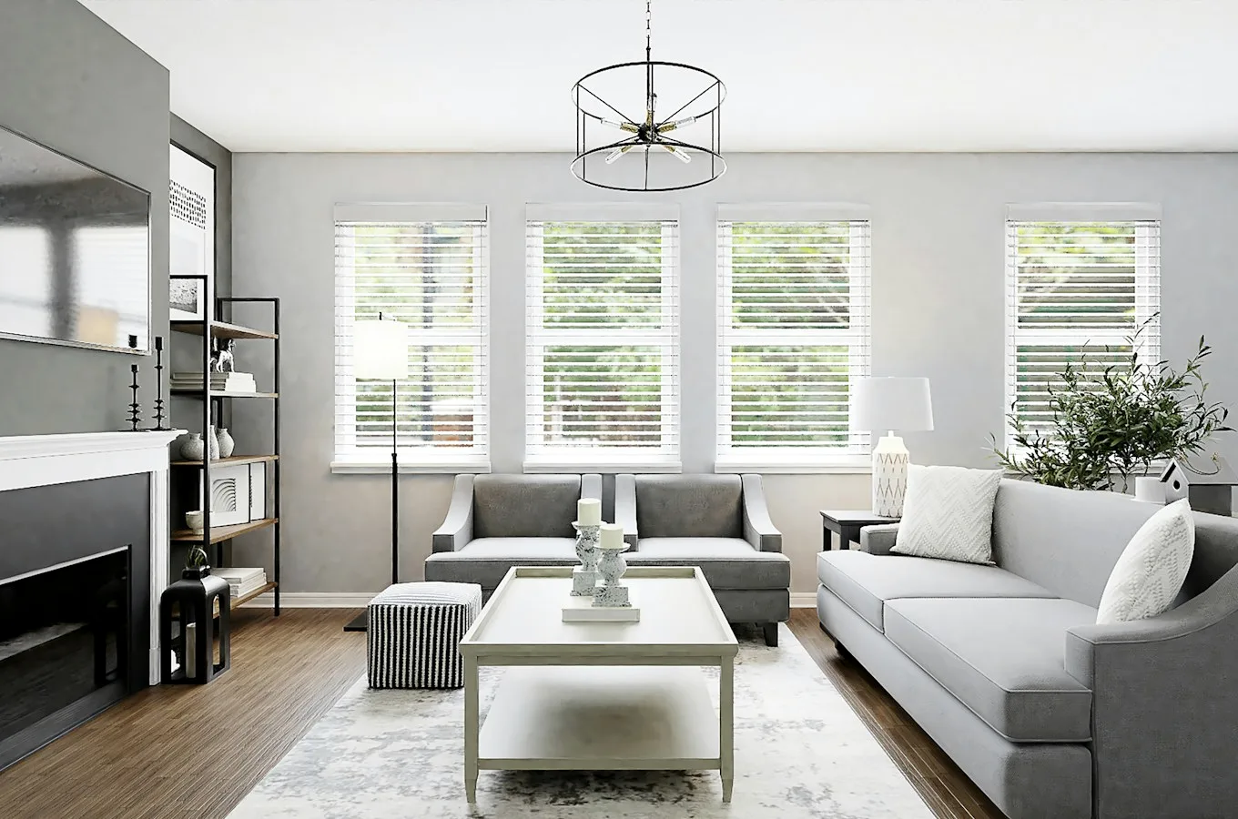 Spacious living room centred on a stone hearth with soft furnishings