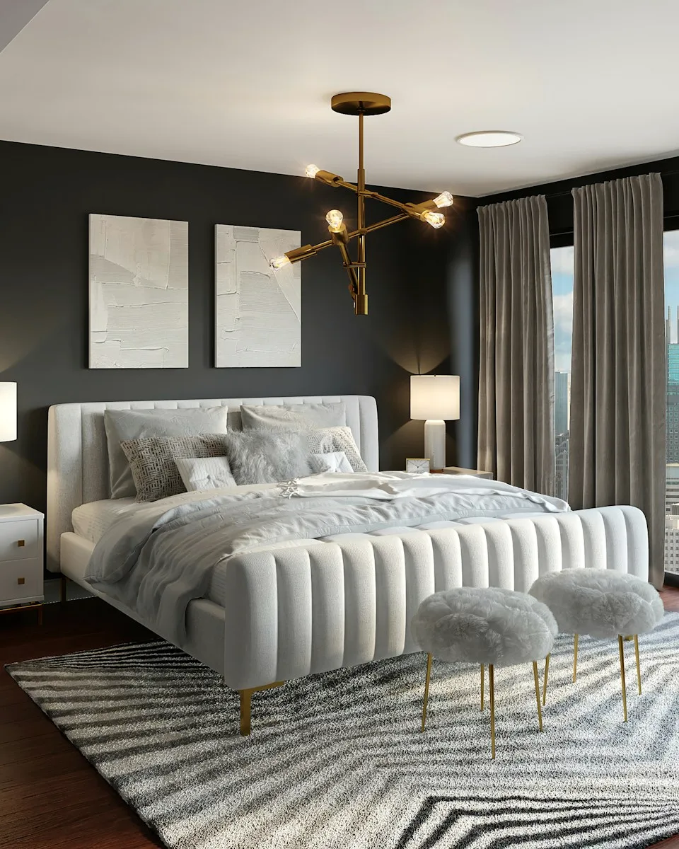 Bedroom detail with raw linen bedding and dark timber wall
