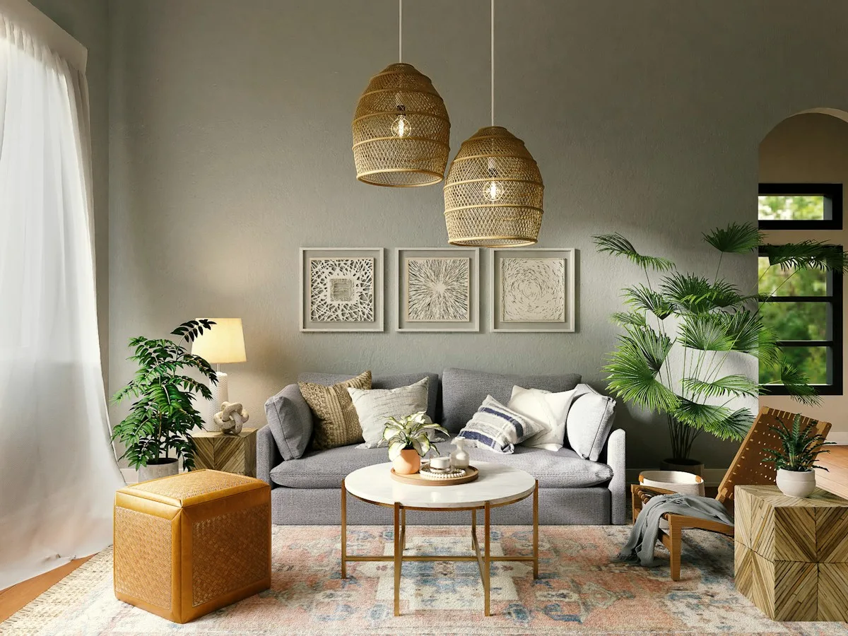 Courtyard-facing lounge room with plants and rattan pendant lights