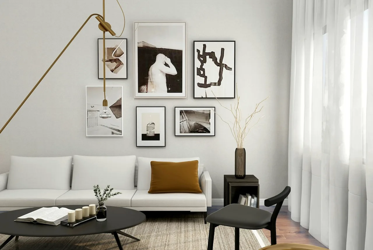 Terrace residence living room with collected art and warm neutral furnishings