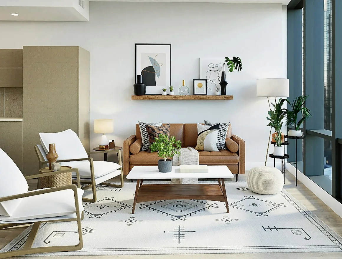 Open-plan kitchen and dining area with eucalyptus-toned accents