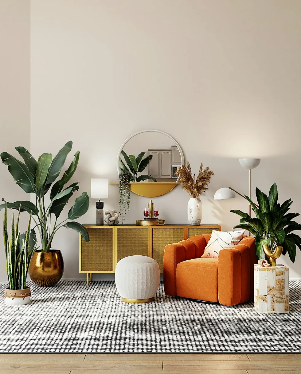 Sunlit reading corner with tan leather chair, plants and floating shelves