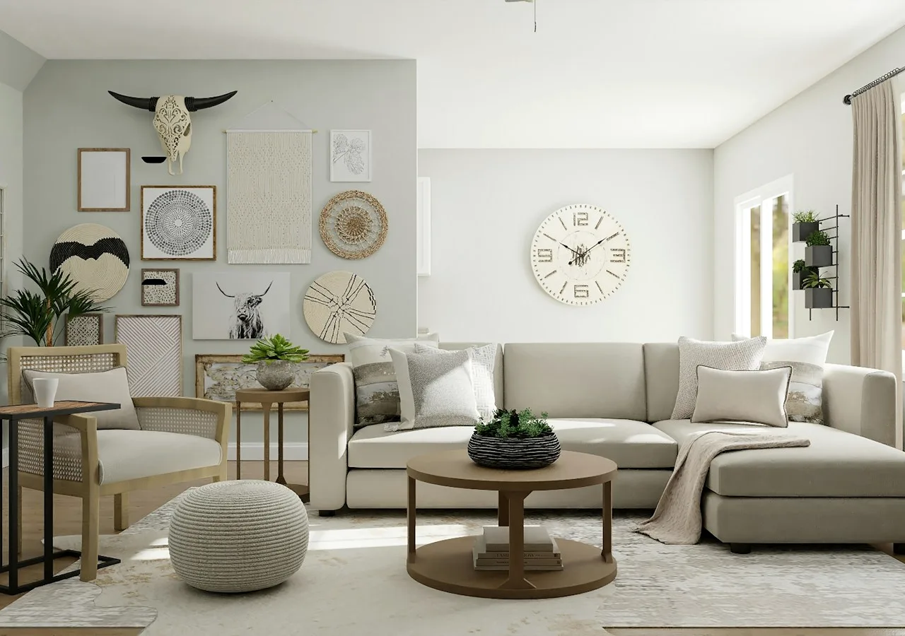 Layered living room with lounge seating, plants and soft window light