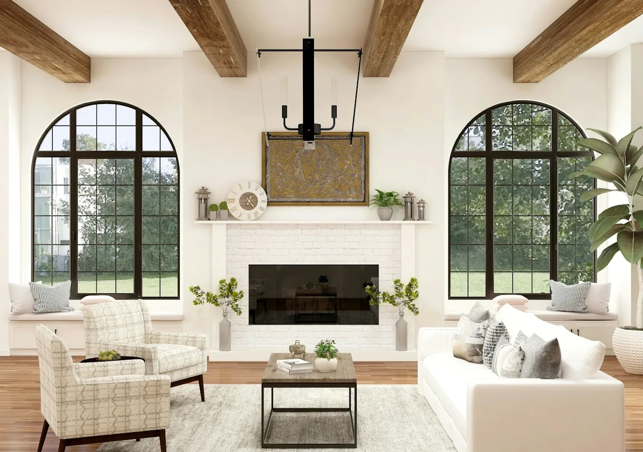 Whole-home living space with arched openings and warm timber detailing