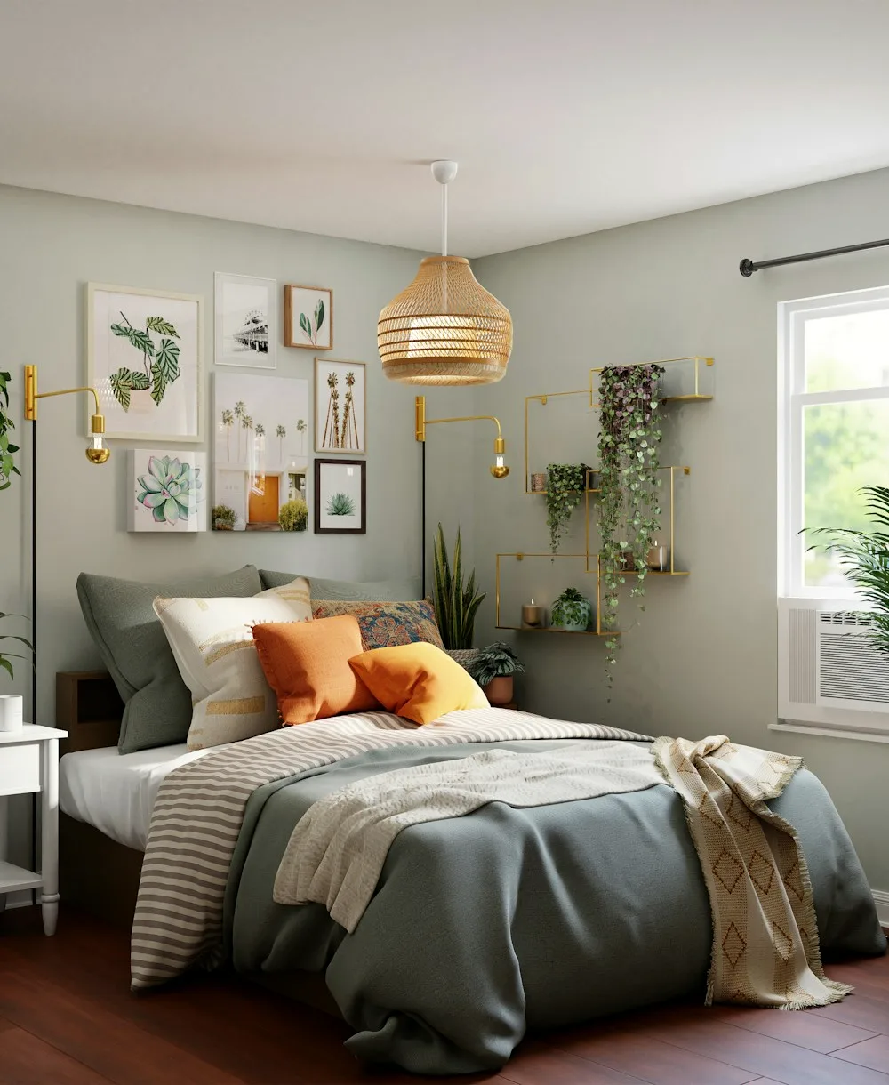 Bedroom styled with warm layered bedding and curated objects