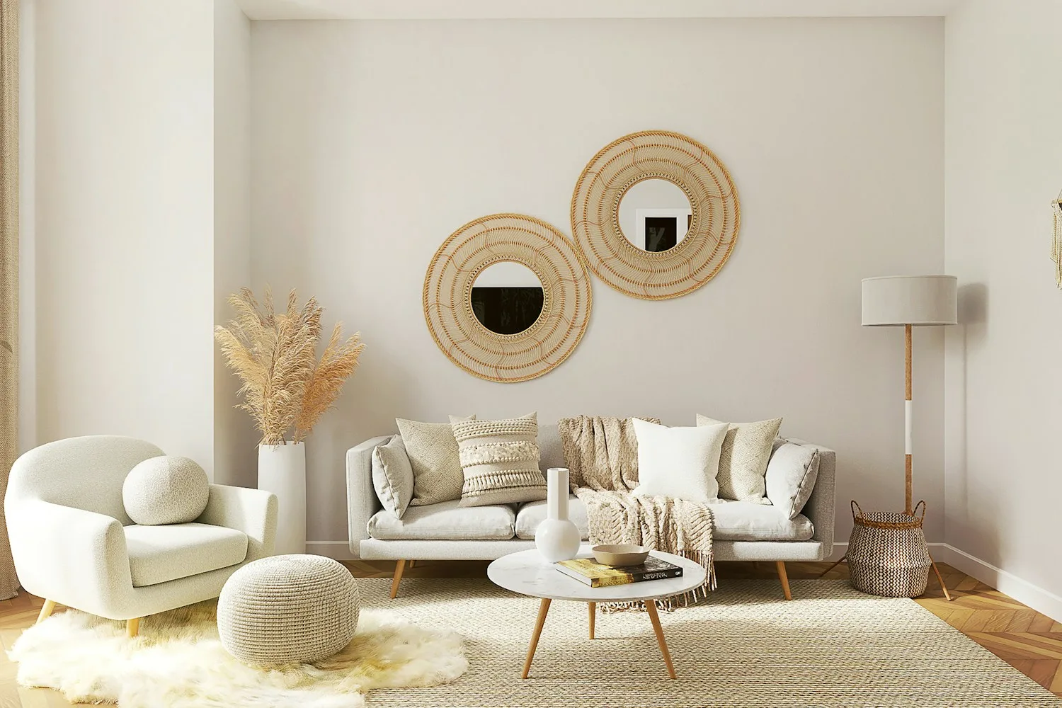 Serene contemporary living space with sculptural armchairs and soft daylight